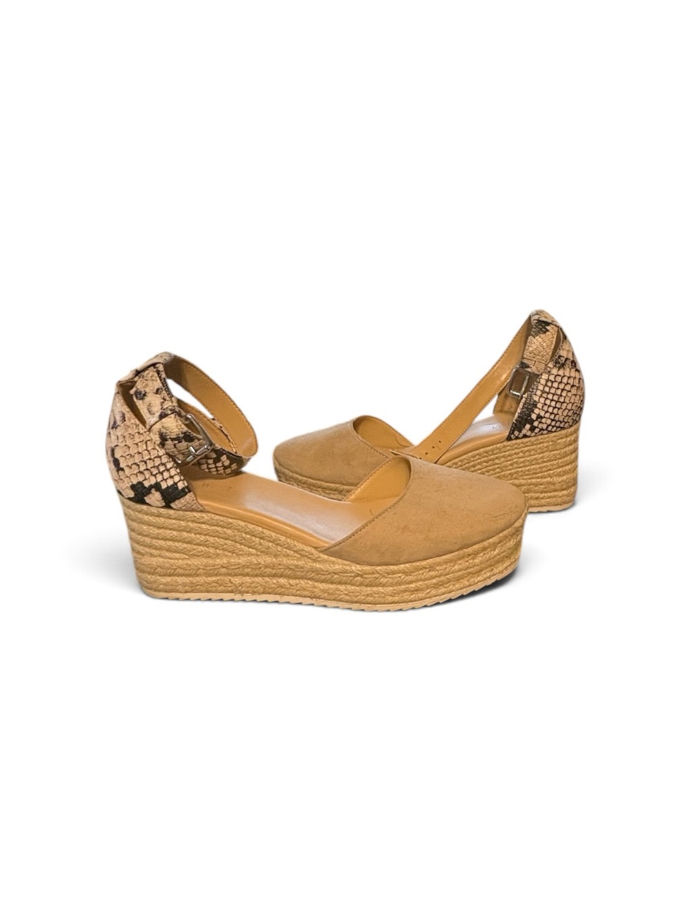 Nine West Tan Espadrille Wedges with Snake-Print Heel and Ankle Strap